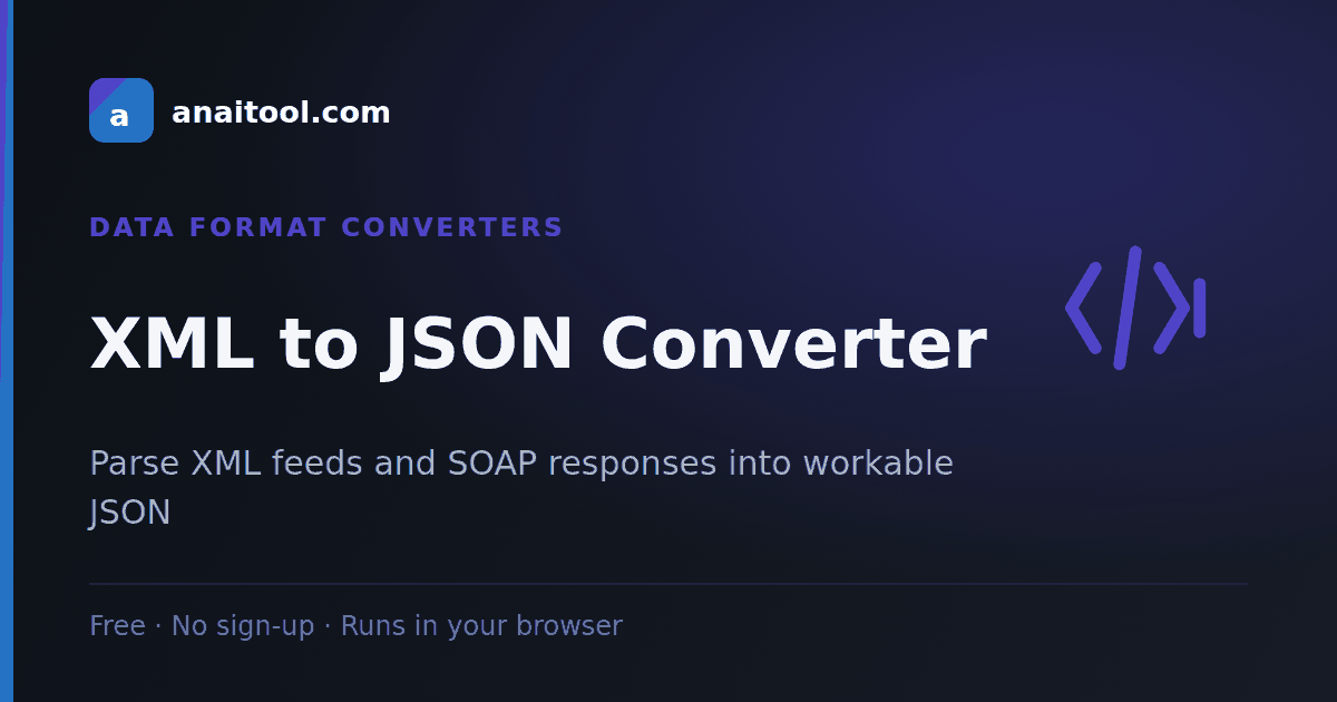 XML to JSON Converter — Parse XML feeds and SOAP responses into workable JSON, a free browser-based tool on anaitool